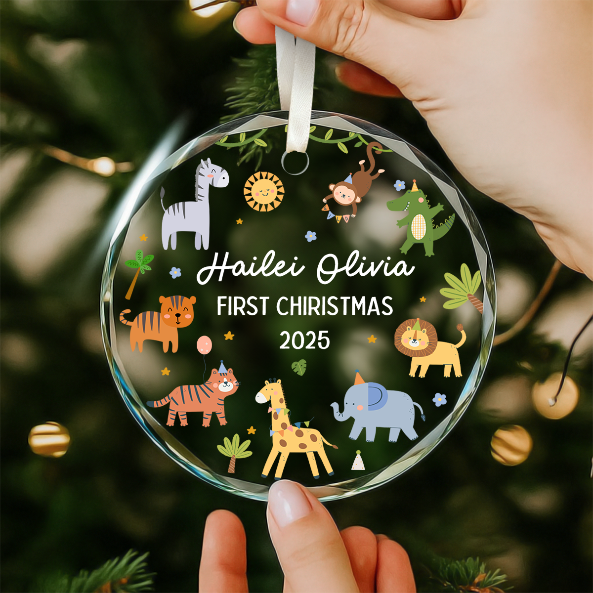 Baby First Christmas Name Ornament - Personalized Baby's Christmas Keepsake, New Baby Gift, Baby Boy Safari Glass Ornament 1 Personalized baby first Christmas name ornament with safari theme, custom glass ornament keepsake for baby boy, new baby holiday gift 2025.
