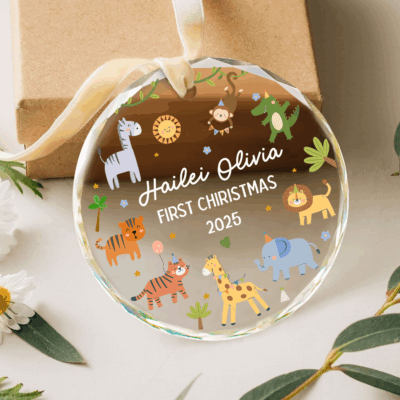 Personalized baby first Christmas name ornament with safari theme, custom glass ornament keepsake for baby boy, new baby holiday gift 2025.