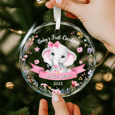 Personalized Elephant Ornament for Baby Girl with cute elephant design, custom newborn glass keepsake gift for baby’s first holiday.