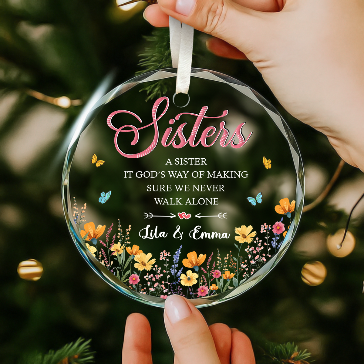 Personalized sister ornament with custom name, sentimental Christmas keepsake gift for sister, elegant holiday decoration.