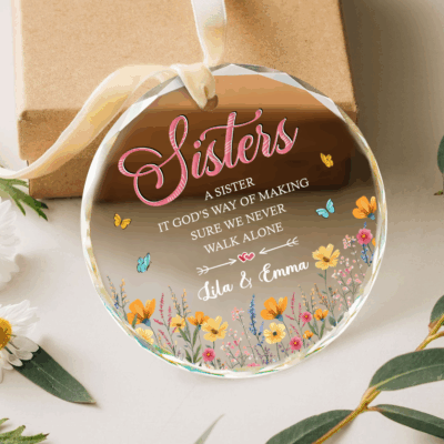 Personalized sister ornament with custom name, sentimental Christmas keepsake gift for sister, elegant holiday decoration.