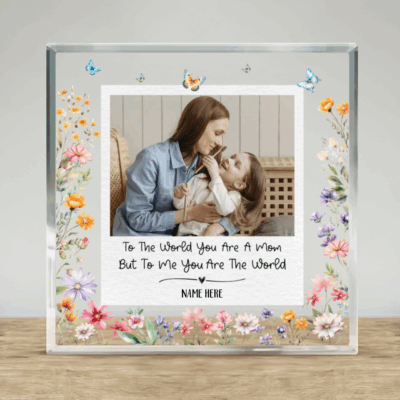 Personalized Mom acrylic plaque with floral Polaroid design, custom photo and name gift from daughter, sentimental Christmas keepsake for mom.