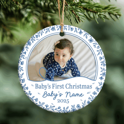 Personalized baby 1st Christmas ornament with photo and name, custom new baby gift and keepsake holiday decoration for parents.