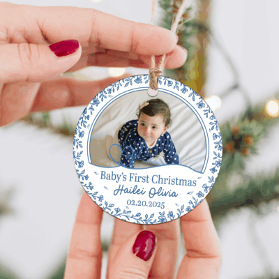 Personalized baby 1st Christmas ornament with photo and name, custom new baby gift and keepsake holiday decoration for parents.