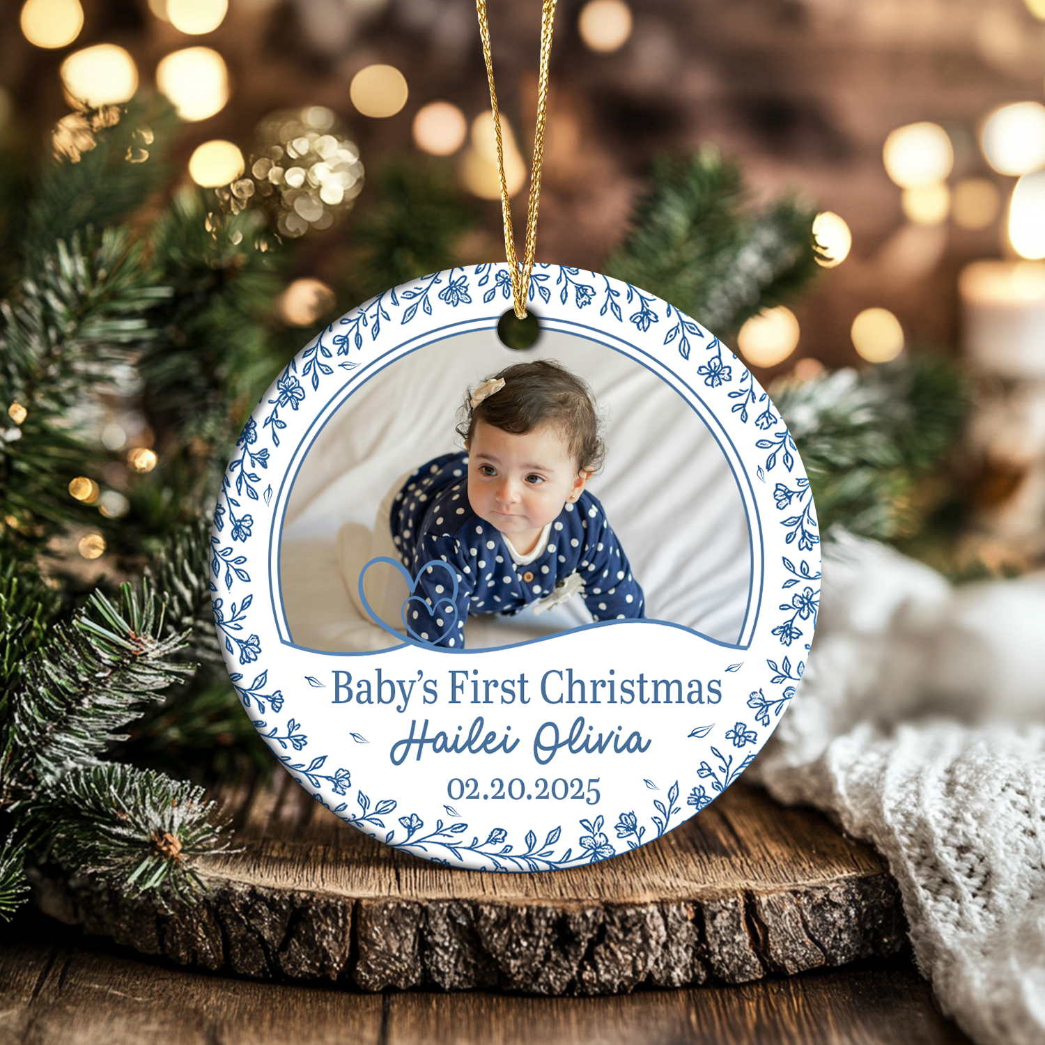 Personalized baby 1st Christmas ornament with photo and name, custom new baby gift and keepsake holiday decoration for parents.