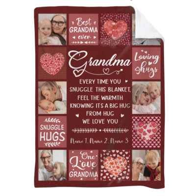 Personalized Grandma blanket with photo collage and grandkids’ names, custom Christmas gift from grandchildren, sentimental keepsake blanket for grandma.