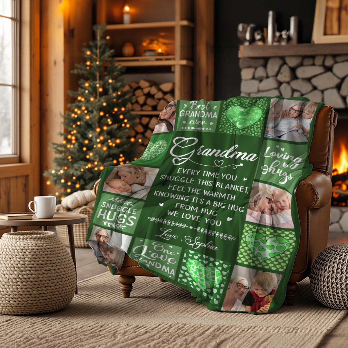 Personalized Grandma blanket with photo collage and grandkids’ names, custom Christmas gift from grandchildren, sentimental keepsake blanket for grandma.