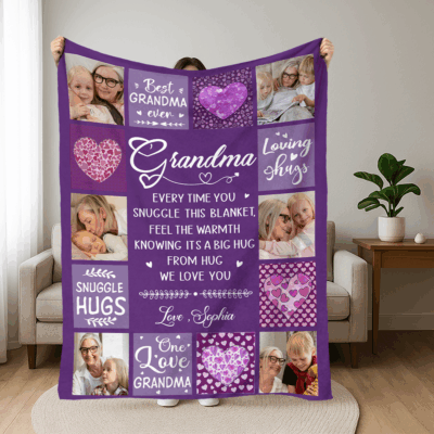 Personalized Grandma blanket with photo collage and grandkids’ names, custom Christmas gift from grandchildren, sentimental keepsake blanket for grandma.