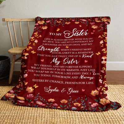 Personalized sister floral blanket with name, custom Christmas gift from sister, meaningful fleece blanket with flowers and sentimental message.