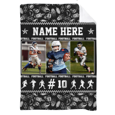 Personalized football blanket with name and photo, custom sports blanket gift for football player, Christmas or Senior Night keepsake.