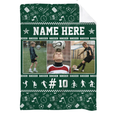 Personalized soccer blanket with custom name and photo, sports blanket gift for soccer player, Christmas or Senior Night keepsake.