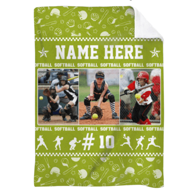 Personalized softball blanket with name and photo, custom sports blanket for softball player, Christmas or Senior Night gift.