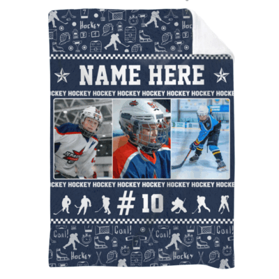 Personalized hockey blanket with custom name and photo, hockey player gift for Christmas or Senior Night, custom sports fleece blanket.