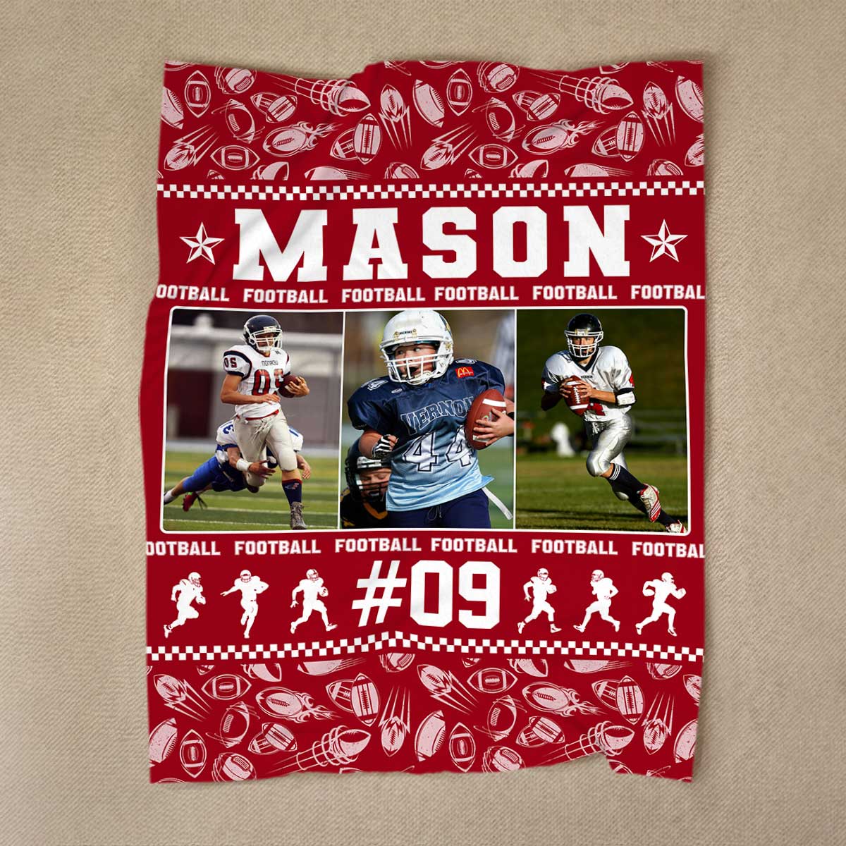Personalized football blanket with name and photo, custom sports blanket gift for football player, Christmas or Senior Night keepsake.