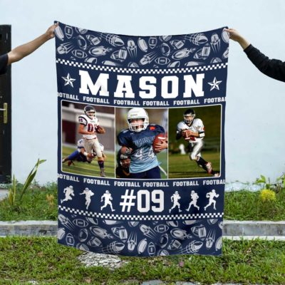 Personalized football blanket with name and photo, custom sports blanket gift for football player, Christmas or Senior Night keepsake.