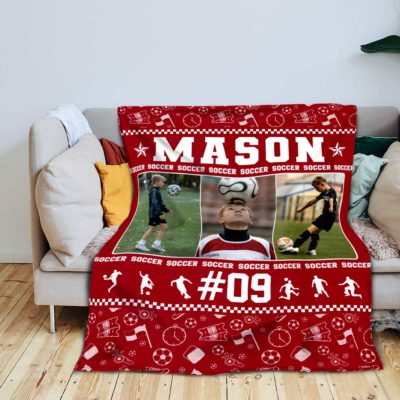 Personalized soccer blanket with custom name and photo, sports blanket gift for soccer player, Christmas or Senior Night keepsake.