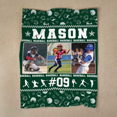 Personalized baseball blanket with name and photo, custom sports blanket for baseball player, Christmas or Senior Night gift.