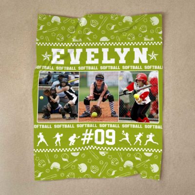 Personalized softball blanket with name and photo, custom sports blanket for softball player, Christmas or Senior Night gift.
