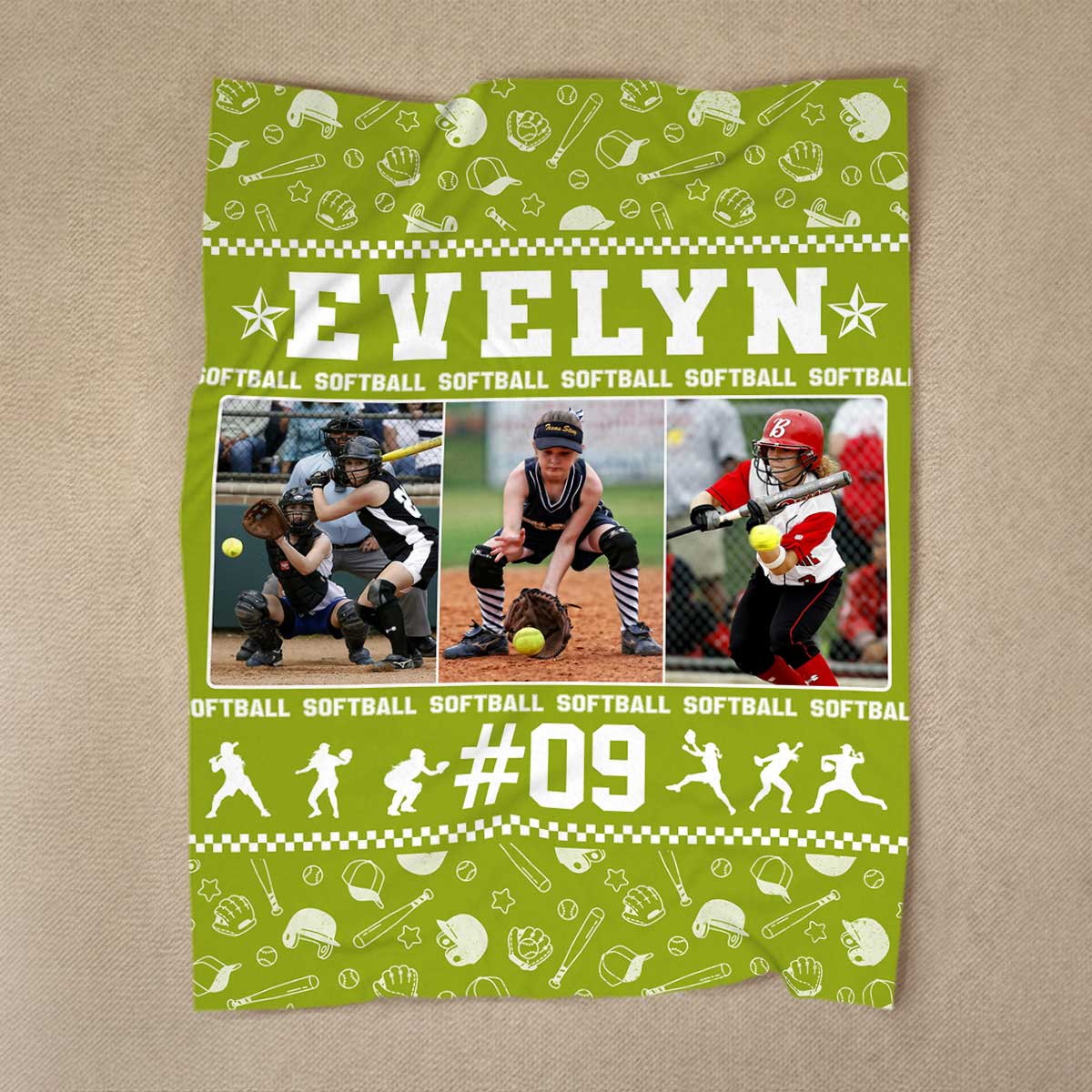 Personalized Softball Blanket – Custom Name & Photo Sports Blanket, Softball Player Gift for Christmas, Birthday, or Senior Night 1 Personalized softball blanket with name and photo, custom sports blanket for softball player, Christmas or Senior Night gift.