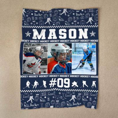 Personalized hockey blanket with custom name and photo, hockey player gift for Christmas or Senior Night, custom sports fleece blanket.