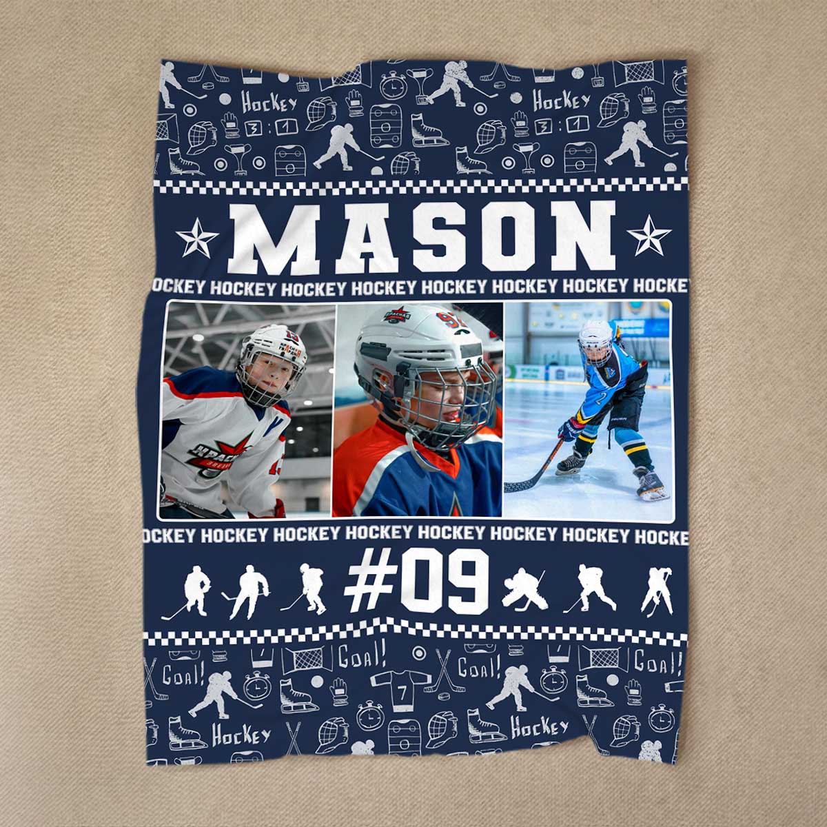 Personalized Hockey Blanket – Custom Name & Photo Sports Blanket, Hockey Player Gift for Christmas, Birthday, or Senior Night 1 Personalized hockey blanket with custom name and photo, hockey player gift for Christmas or Senior Night, custom sports fleece blanket.