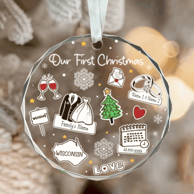 Our First Christmas Glass Ornament – Personalized Newlywed Gift, Custom Name and Date Keepsake, First Christmas Married Gift for Newlyweds