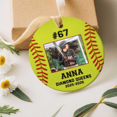 Personalized Softball Photo Ornament – Gift for Softball Player with personalized player photo, name, number, team name, and year, unique softball Christmas gift for players and teams.