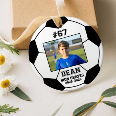 Personalized Soccer Photo Ornament – Soccer Gift for Player with personalized player photo, name, number, team name, and year, unique soccer Christmas gift for players and teams.