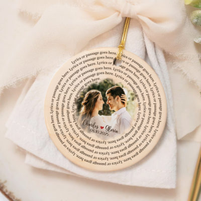 Personalized Song Lyrics Ornament - Anniversary Gift for Couple featuring a couple’s photo surrounded by custom song lyrics, includes names and date, ideal anniversary or Christmas keepsake gift for couples.