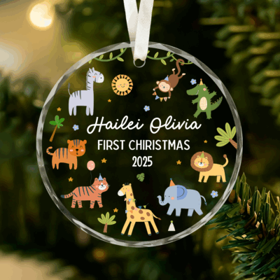 Personalized baby first Christmas name ornament with safari theme, custom glass ornament keepsake for baby boy, new baby holiday gift 2025.