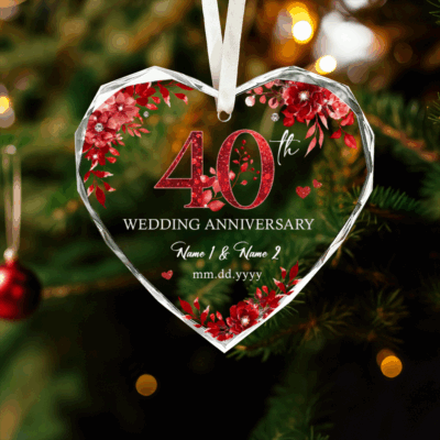 40th Wedding Anniversary Glass Ornament - Personalized Anniversary Giftin heart shape, decorated with red floral accents, featuring personalized couple’s names and anniversary date, displayed with ribbon as a ruby anniversary keepsake gift.