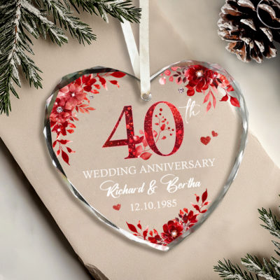 40th Wedding Anniversary Glass Ornament - Personalized Anniversary Giftin heart shape, decorated with red floral accents, featuring personalized couple’s names and anniversary date, displayed with ribbon as a ruby anniversary keepsake gift.