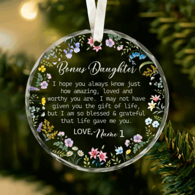 Personalized Bonus Daughter ornament with photo and name, Christmas gift from stepmom or stepdad, custom glass keepsake for stepdaughter.