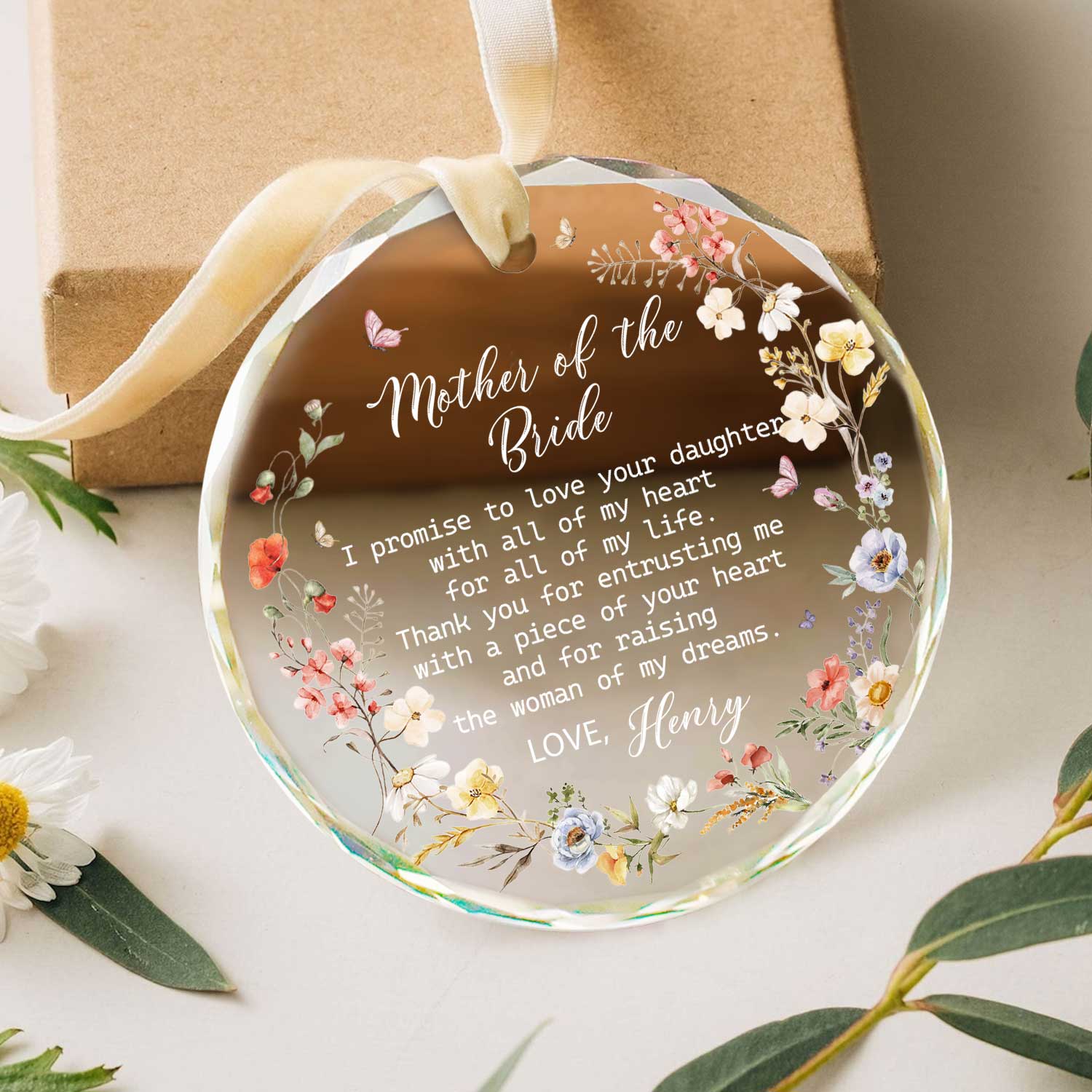 Personalized Mother of the Bride floral glass ornament, wedding or Christmas gift from groom, elegant keepsake for mother of the bride.