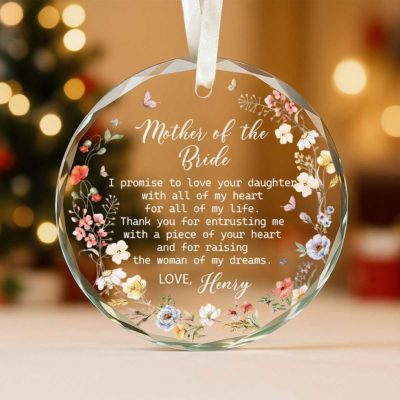 Personalized Mother of the Bride floral glass ornament, wedding or Christmas gift from groom, elegant keepsake for mother of the bride.