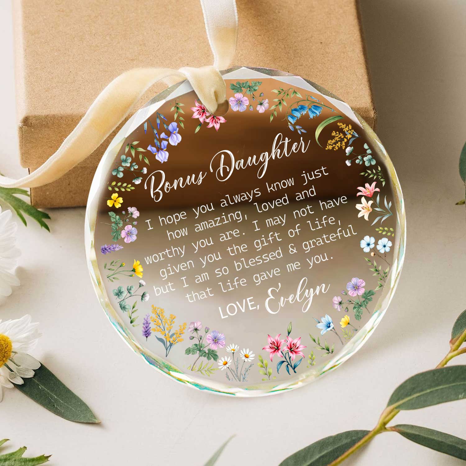 Personalized Bonus Daughter ornament with photo and name, Christmas gift from stepmom or stepdad, custom glass keepsake for stepdaughter.