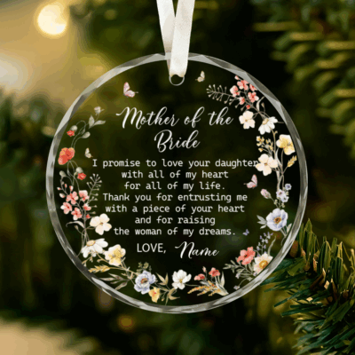 Personalized Mother of the Bride Ornament – Wedding or Christmas Gift for Mom From Groom, Custom Floral Glass Ornament, Mother Wedding Gift