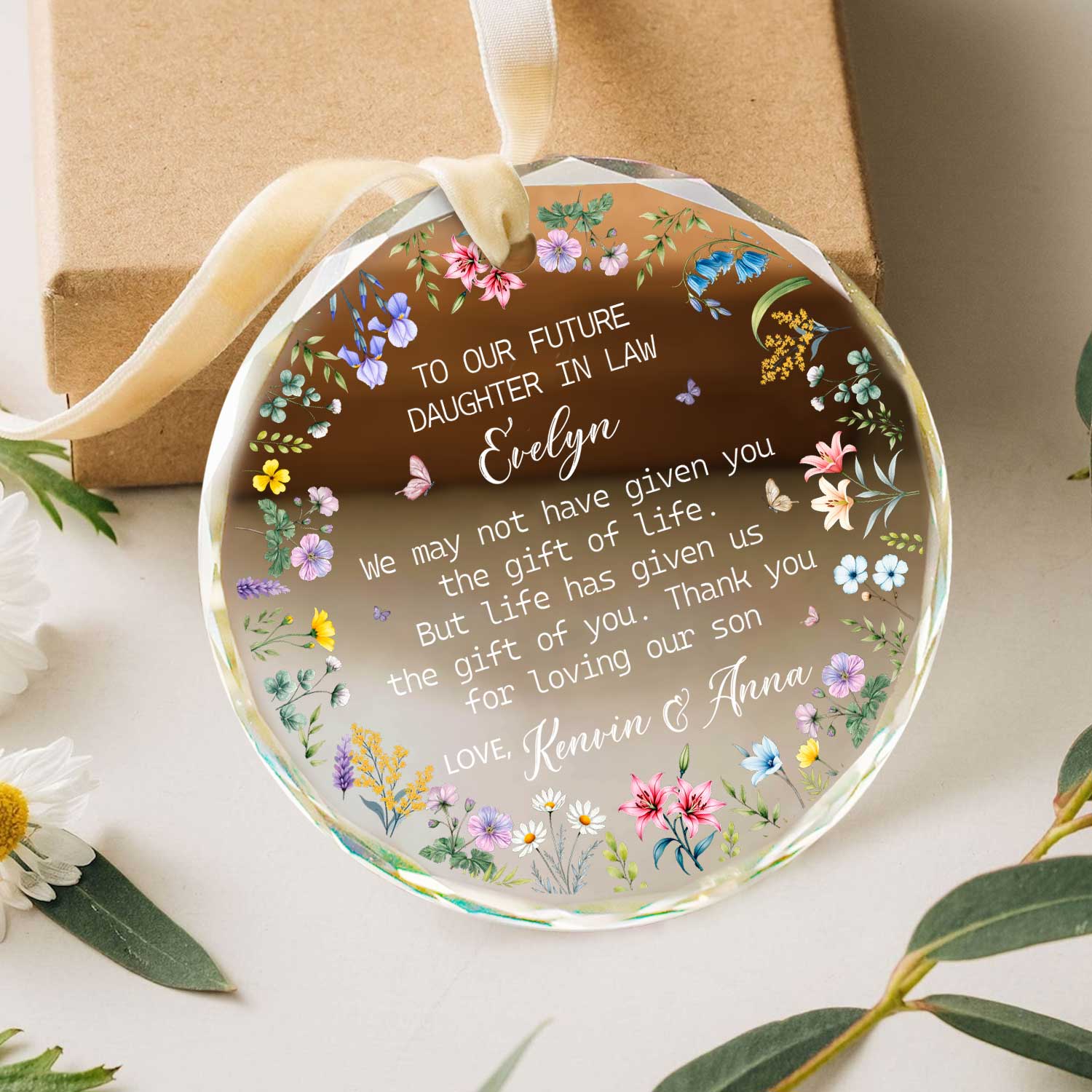 Personalized Future Daughter In Law Ornament – Engagement or Christmas Gift from Future In-Laws, Custom Floral Glass Keepsake Ornament 1 Personalized Future Daughter In Law ornament, engagement or Christmas gift from future in-laws, custom holiday keepsake.