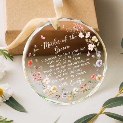 Personalized Mother of the Groom floral glass ornament, wedding or Christmas gift from bride, elegant keepsake for groom’s mom.