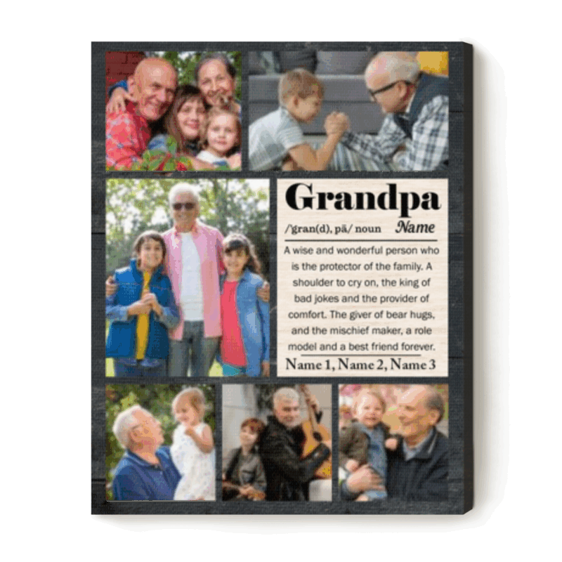Personalized Grandpa Photo Collage Canvas with family photos and name, custom wall art gift from grandkids, sentimental Christmas or birthday gift for grandfather.