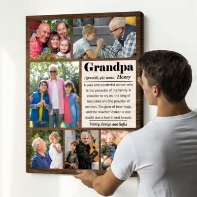 Personalized Grandpa Photo Collage Canvas with family photos and name, custom wall art gift from grandkids, sentimental Christmas or birthday gift for grandfather.