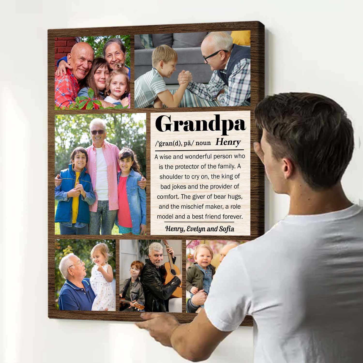 Personalized Grandpa Photo Collage Canvas with family photos and name, custom wall art gift from grandkids, sentimental Christmas or birthday gift for grandfather.