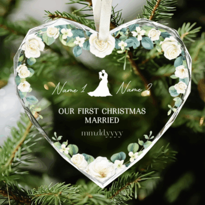 Personalized Wedding Heart Glass Ornament - Newlywed Christmas Gift with couple’s names and wedding date, ideal newlywed Christmas gift and first Christmas married keepsake.