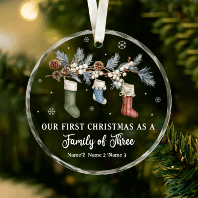 Personalized Family of Three Christmas Ornament with custom name and year, glass keepsake decoration for new parents’ first Christmas together.