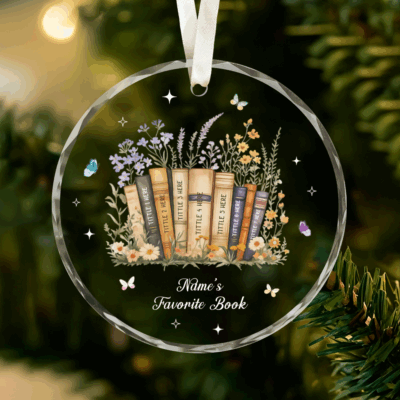 Personalized Book Lover Ornament featuring floral bookshelf design with custom book titles, glass Christmas ornament gift for readers and bookworms.