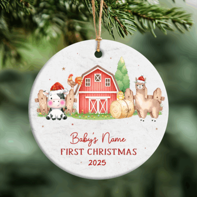 Personalized Farm Animal Baby’s First Christmas Ornament featuring barnyard animals and baby’s name, rustic glass holiday keepsake gift for new parents and newborns.