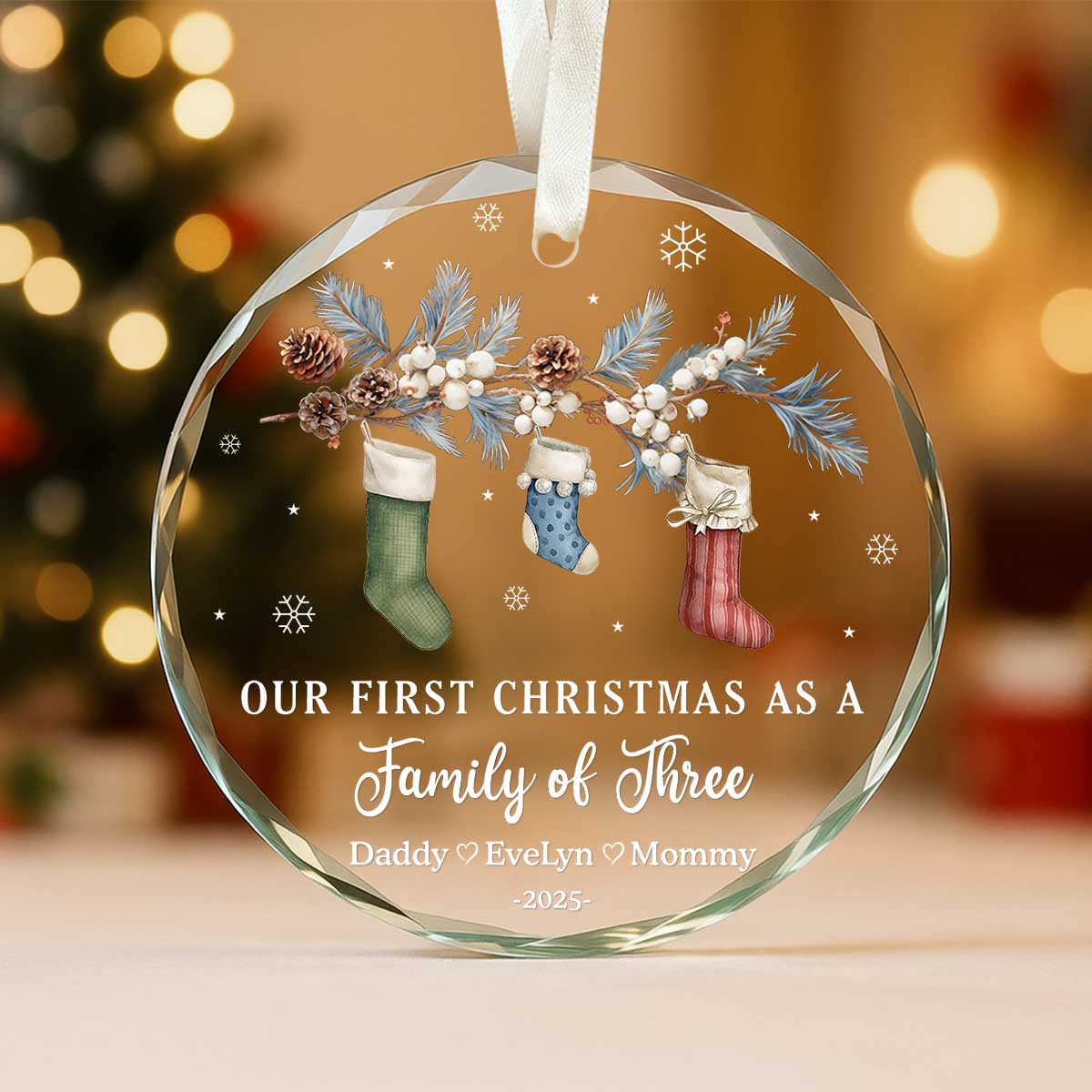 Family of Three Christmas Ornament 2025 - Custom Glass Ornament for New Parents, Family of Three Keepsake Gift 1 Personalized Family of Three Christmas Ornament with custom name and year, glass keepsake decoration for new parents’ first Christmas together.