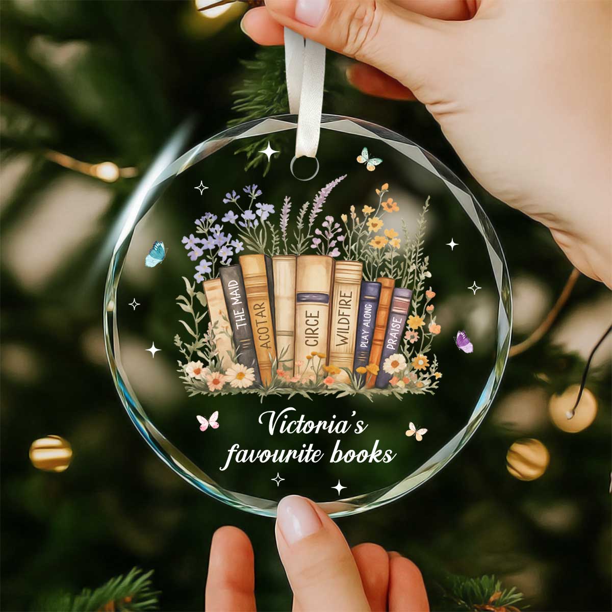 Personalized Book Lover Ornament – Custom Floral Bookshelf Glass Ornament with Custom Book Titles, Favorite Books Gift for Reader 1 Personalized Book Lover Ornament featuring floral bookshelf design with custom book titles, glass Christmas ornament gift for readers and bookworms.