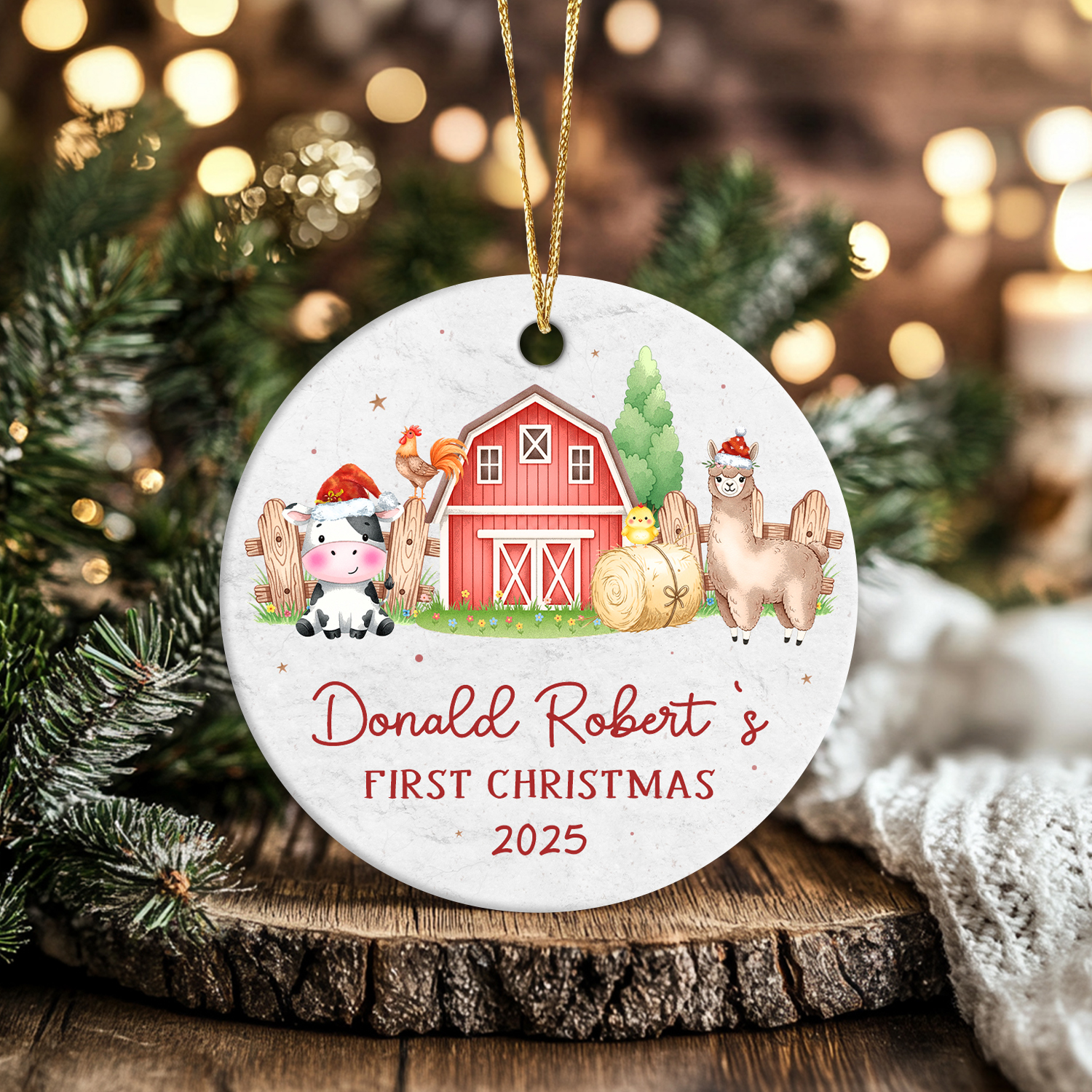 Personalized Farm Animal Baby’s First Christmas Ornament featuring barnyard animals and baby’s name, rustic glass holiday keepsake gift for new parents and newborns.