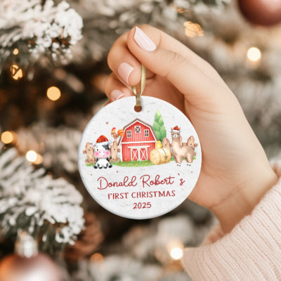 Personalized Farm Animal Baby’s First Christmas Ornament featuring barnyard animals and baby’s name, rustic glass holiday keepsake gift for new parents and newborns.